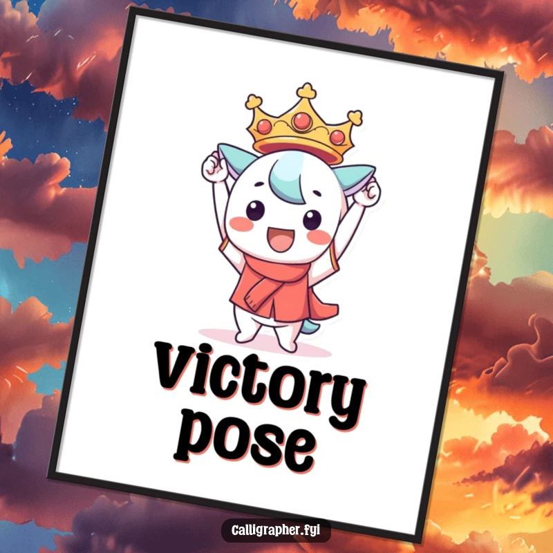 Funny Kawaii character digital art print, triumphantly holding a perfectly formed character, perfect for humorous digital or physical display.