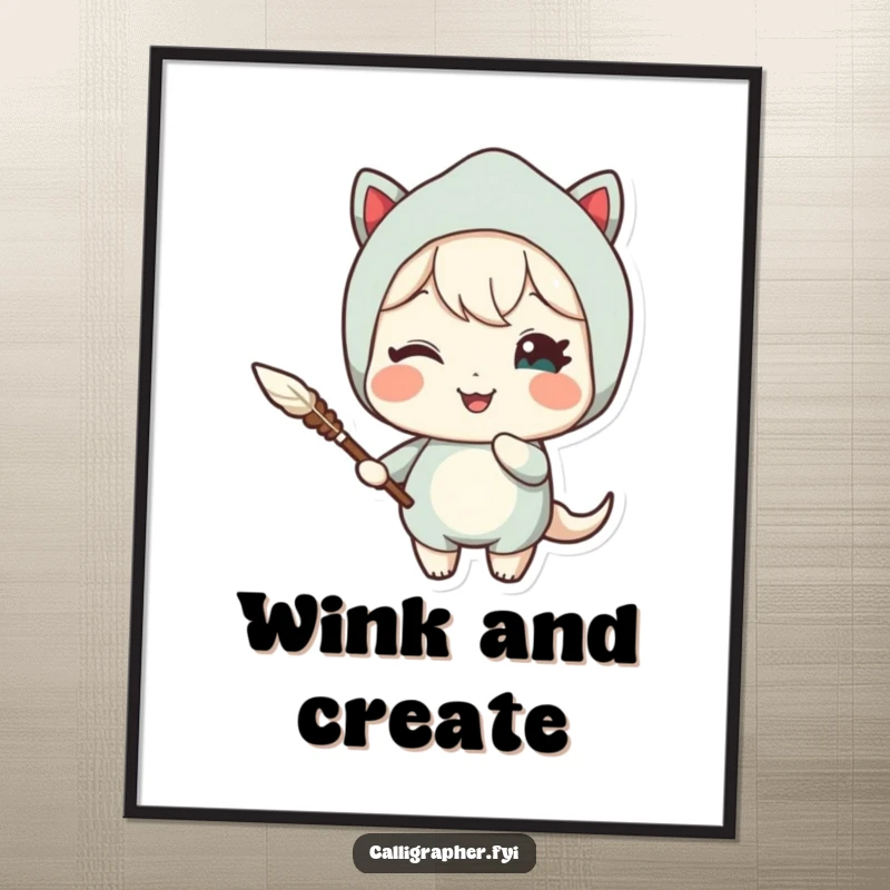 Funny digital art print of a cute character holding a quill pen and winking delightfully, perfect for printable wall art with charm.