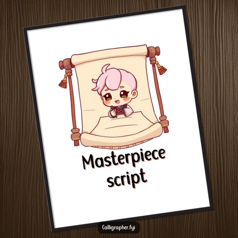 Funny digital art print of a cute character dramatically signing a large scroll with a flourish, full of theatrical humor.