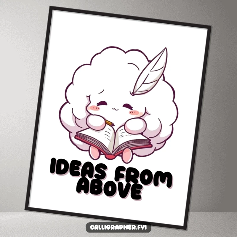 Funny digital art print of a fluffy cloud with a quill pen writing furiously in a notebook, perfect for humorous wall decor.