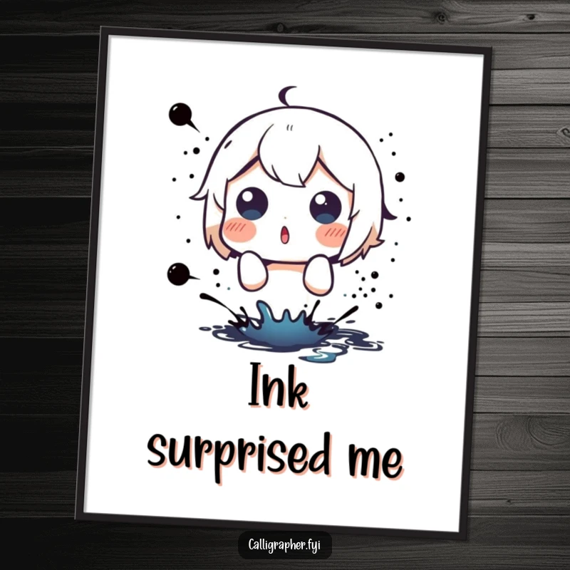 Funny digital art of a cute character with wide, surprised eyes reacting to a sudden, messy ink splatter.