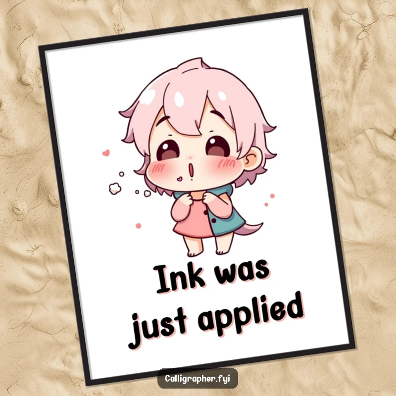 Funny digital art print of a surprised character blowing gently on fresh ink, ideal for art studios and creative spaces.