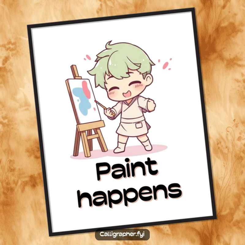 Funny digital art print of an artist humorously splattered with paint after a dramatic pose attempt, perfect for adding artistic humor to decor.