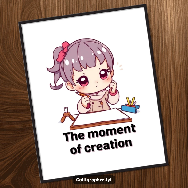 Funny digital art print of a character artist in a thoughtful pose, holding a pencil poised above paper, symbolizing creative anticipation.