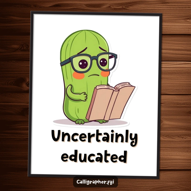 Funny digital art print of a pickle wearing reading glasses, looking confused at a book, perfect for humorous wall decor.
