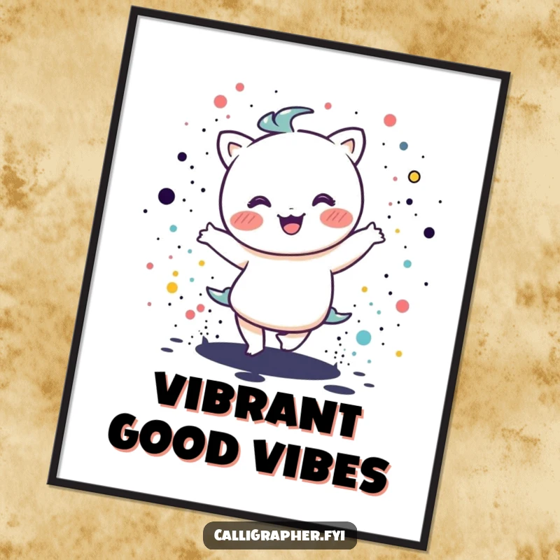 Funny kawaii character executing a joyful dance move amidst abstract ink splatters, available as a high-resolution digital art print.