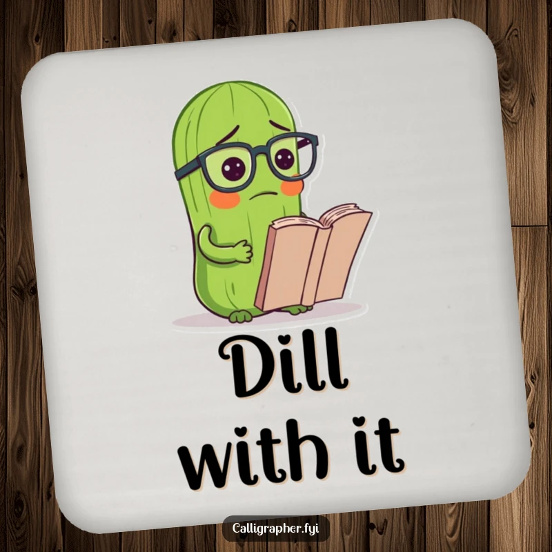 Funny drink coaster featuring a pickle in reading glasses, looking confused at a book, a humorous table accessory.