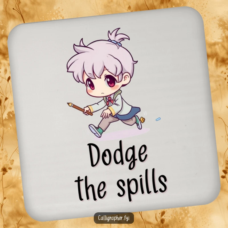 Funny drink coasters featuring an artist chasing a tiny, mischievous brush, adding artistic humor and surface protection with a playful touch.