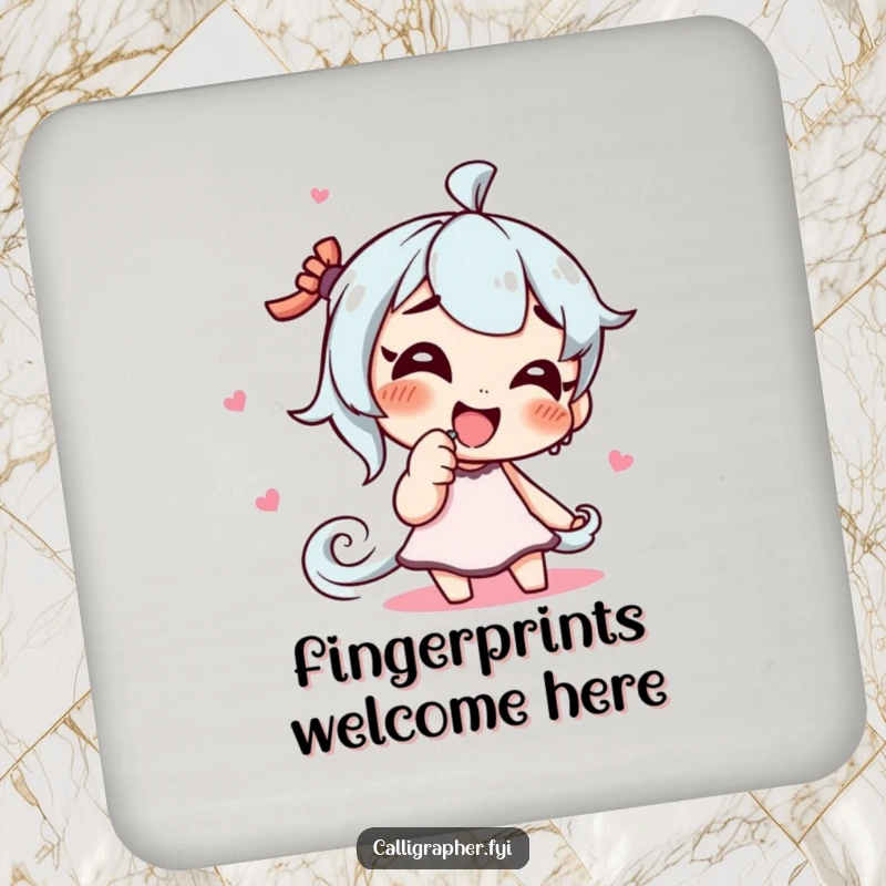 Funny coaster featuring a giggling character artist drawing a swirling pattern with their finger, protecting tables with whimsical art.