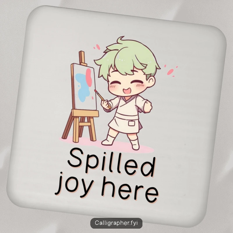 Funny drink coasters depicting an artist comically splattered with paint after a dramatic pose, adding artistic humor and surface protection.