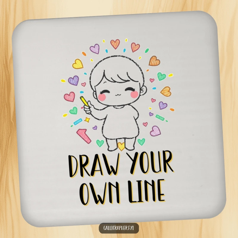 Funny drink coaster featuring a cute character creating a beautiful pattern with colorful chalk, evoking artistic joy and vibrancy.