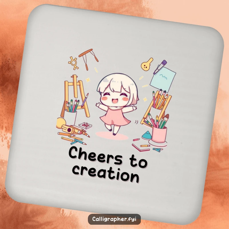 Funny Drink Coaster: A cute character dances joyfully amidst art supplies, adding a creative and humorous touch to protect surfaces.