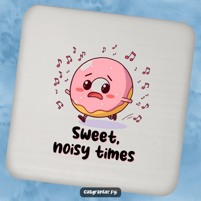 Funny drink coaster featuring a bewildered donut escaping musical notes, adding a humorous touch to beverage service.