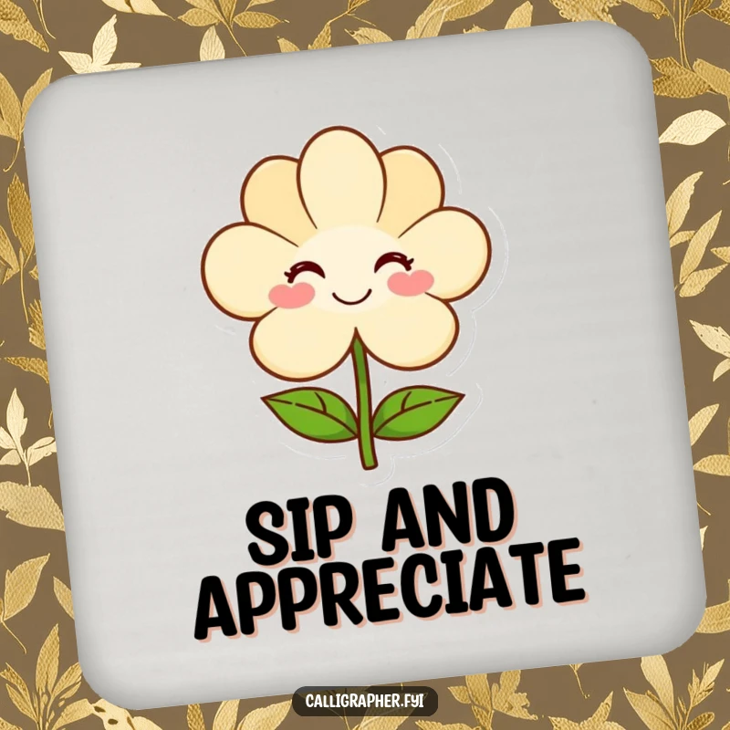 Funny drink coasters featuring a smiling artist presenting a simple flower drawing, adding artistic charm and surface protection with kindness.