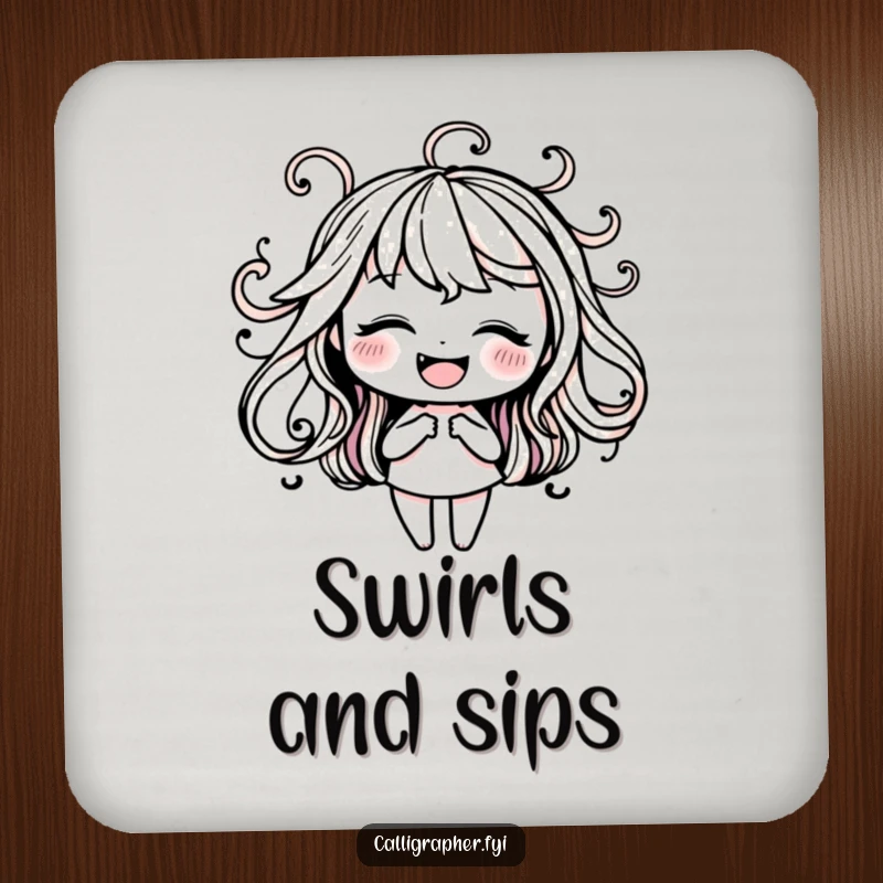Funny drink coaster with a happy character practicing elegant ink swirls, offering protection with an artistic flair.