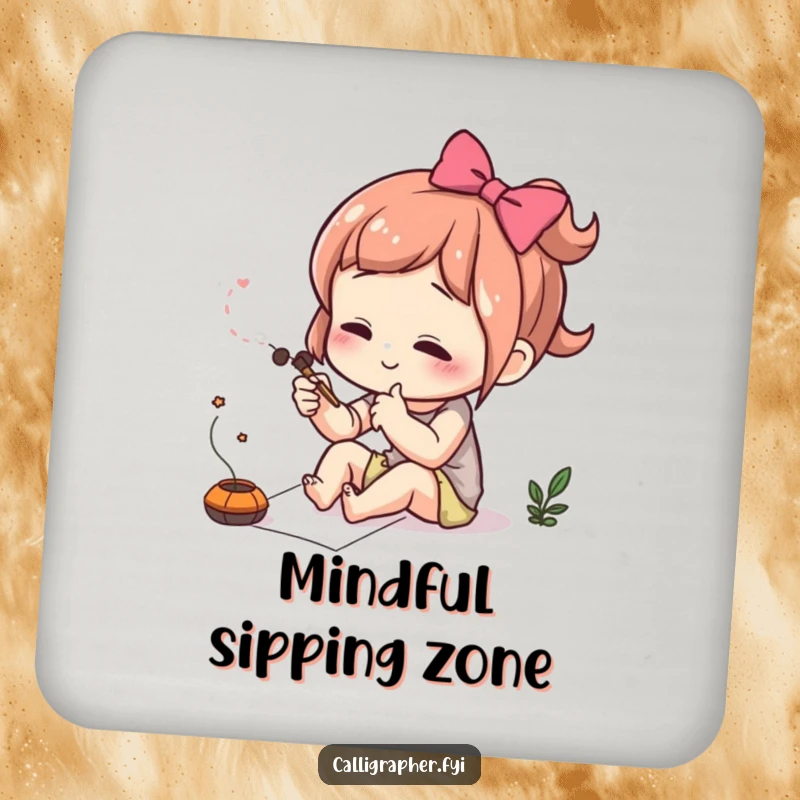 Funny drink coaster featuring a cute character concentrating intensely while drawing a delicate flourish.