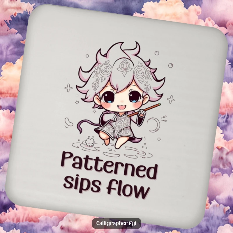 Funny drink coaster with an energetic character drawing intricate patterns, adding artistic flair and surface protection.