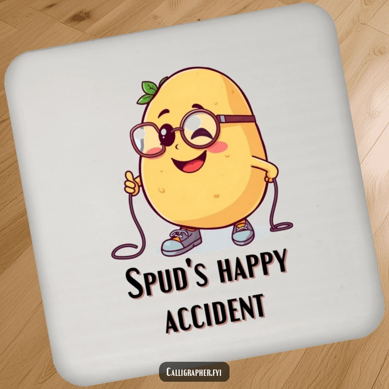 Funny drink coaster with a cheerful potato character in a monocle, comically tripping over its shoelaces.