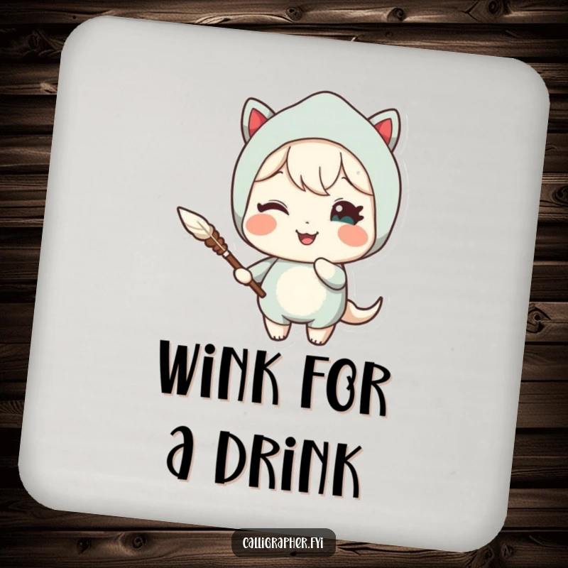 Funny drink coaster featuring a cute character holding a quill pen and winking charmingly, adding wit and protecting surfaces.