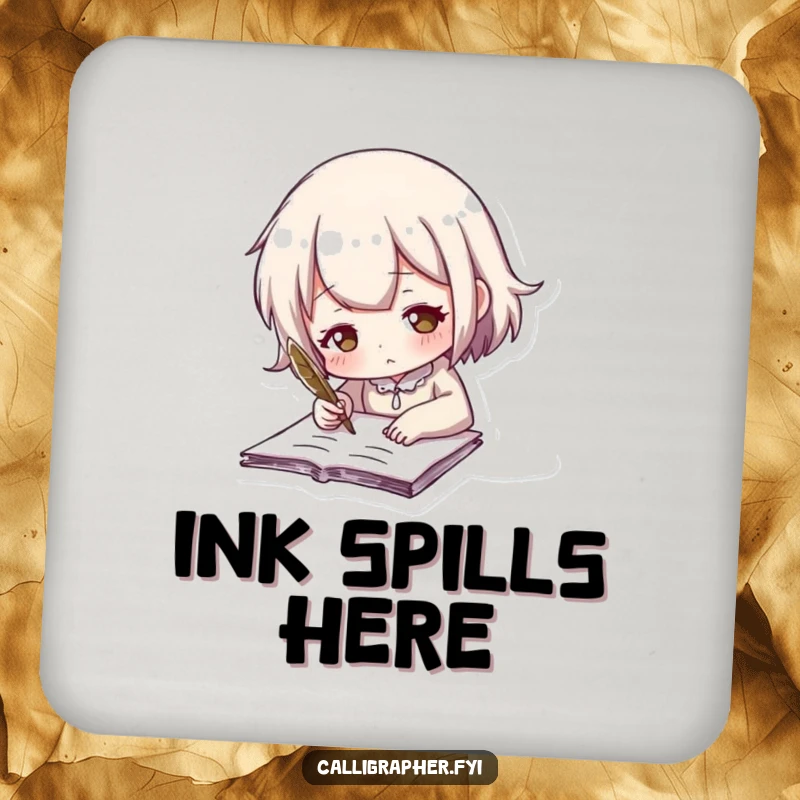 Funny drink coaster with a cute character writing with a feathered quill, protecting surfaces with a literary twist.