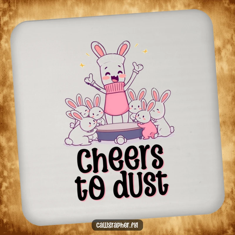 Funny drink coaster with an enthusiastic sock character conducting a disorganized orchestra of dust bunnies.