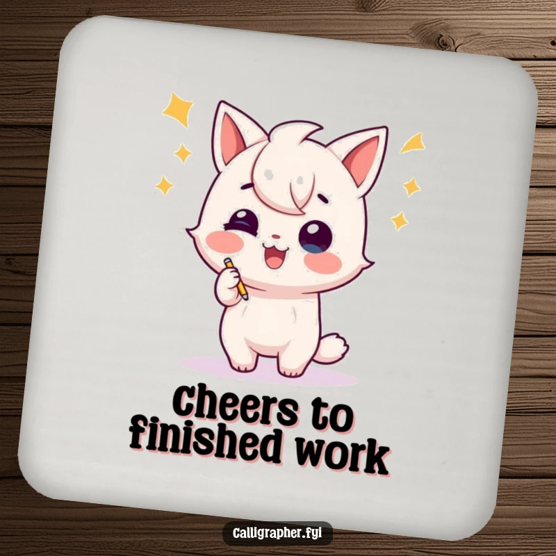 Funny drink coaster depicting a playful character doing a celebratory flourish after writing, adding humorous literary charm to tabletops.