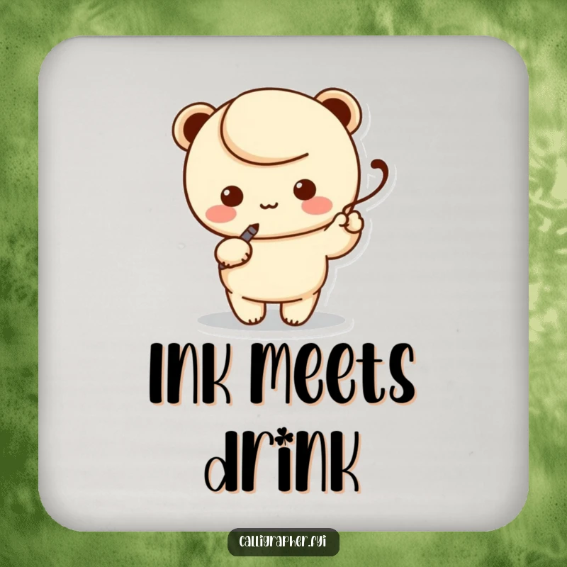 Funny coaster featuring a kawaii character artist holding a calligraphy pen, elegantly writing a swoosh, protecting tables from moisture.