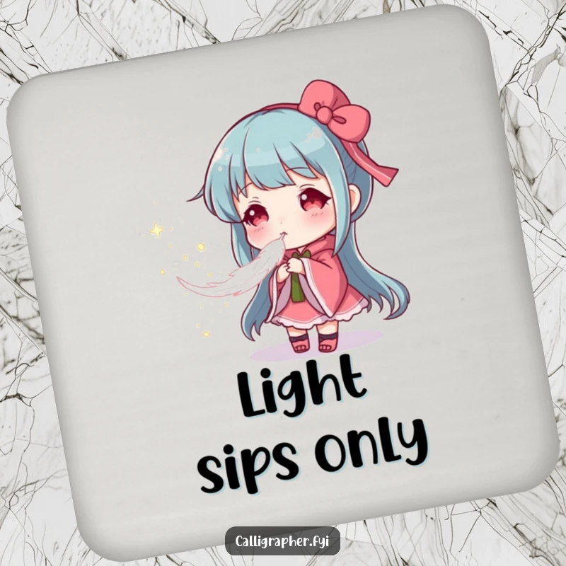 Funny drink coasters featuring an artist creating a soft pigment cloud by blowing a feather, adding artistic humor and surface protection.