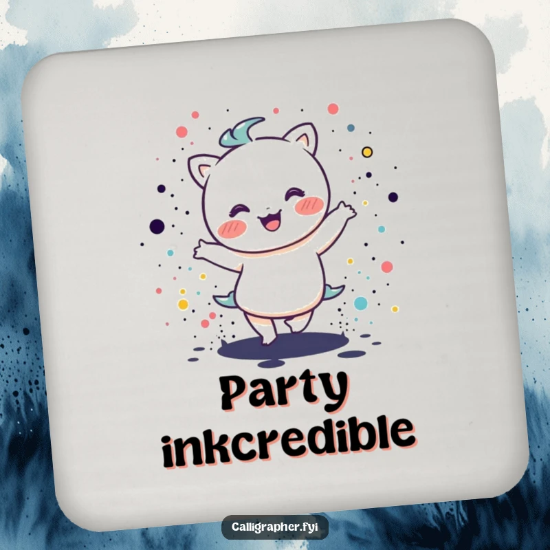 Funny kawaii character dancing in ink splatters on a protective drink coaster, bringing artistic humor to tabletops.
