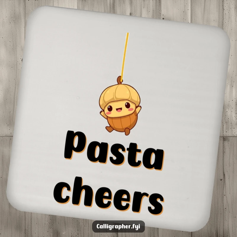Funny drink coaster with a brave little acorn character swinging from a strand of spaghetti.