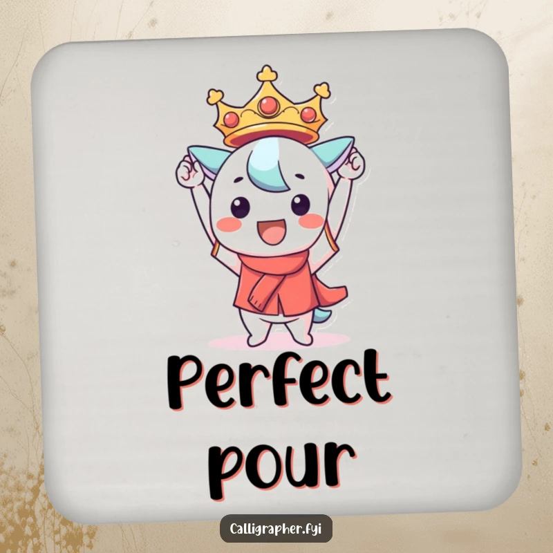 Funny Kawaii character drink coaster, triumphantly holding a perfectly formed character, offering protective charm celebrating achievement.