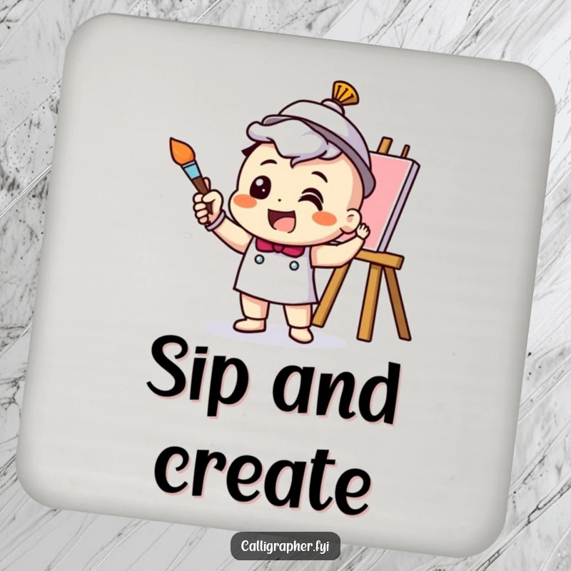 Funny Drink Coaster featuring a cheerful artist character actively painting with a brush, adding artistic humor to any setting.