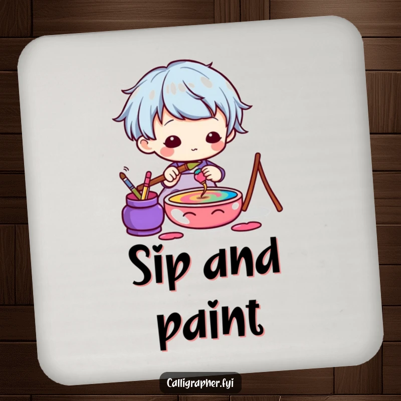 Funny Kawaii Artist Coaster set with a cute character dipping a brush into colorful ink, perfect for protecting tables.
