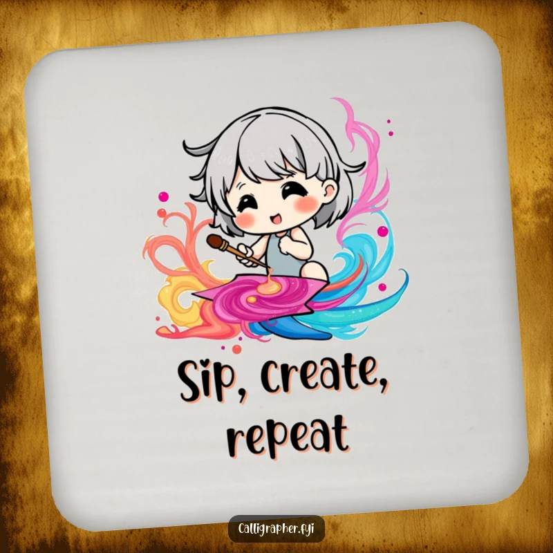 Funny drink coaster featuring a cute character painting a vibrant, swirling ink pattern, protecting your surfaces.