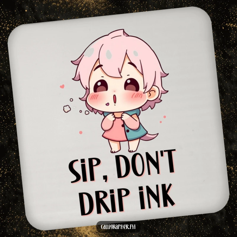 Funny drink coaster depicting a surprised character blowing on fresh ink, adding a humorous artistic touch to tabletops.