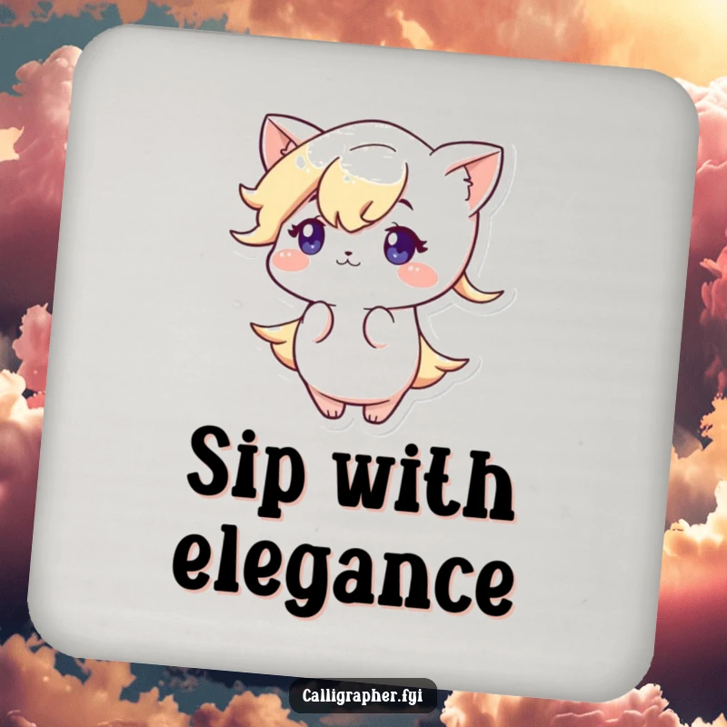 Funny drink coaster featuring a cute character with a focused expression drawing an elegant flourish, adding artistic charm and protection.