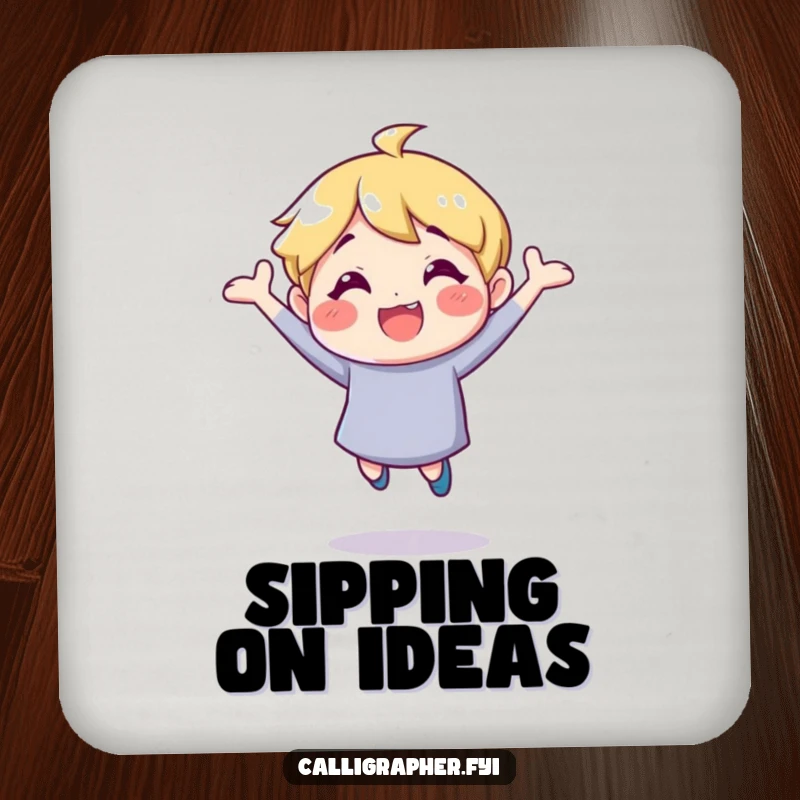 Funny drink coaster showcasing a cheerful character bouncing with inspiration, protecting surfaces with a touch of whimsical art.