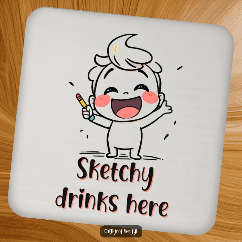 Funny drink coaster with a smiling character sketching with bold strokes, adding artistic flair and protection.
