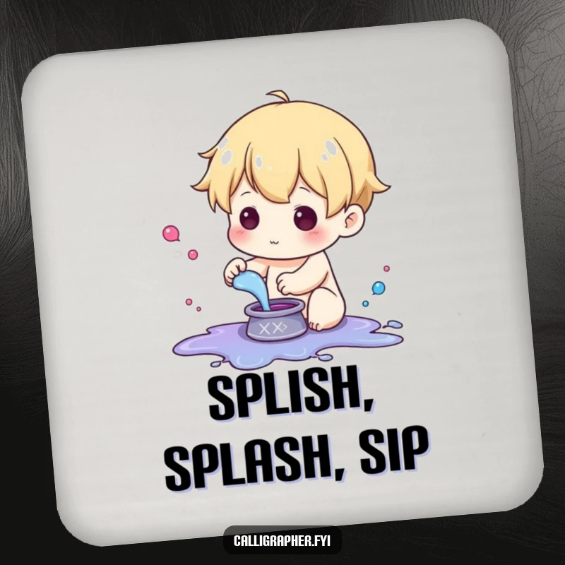 Funny drink coaster featuring a cute character playfully splashing ink from a small pot, protecting your surfaces.