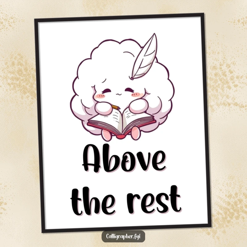 Funny cloud poster displaying a fluffy cloud and a quill pen intensely writing in a notebook, a humorous artistic piece.