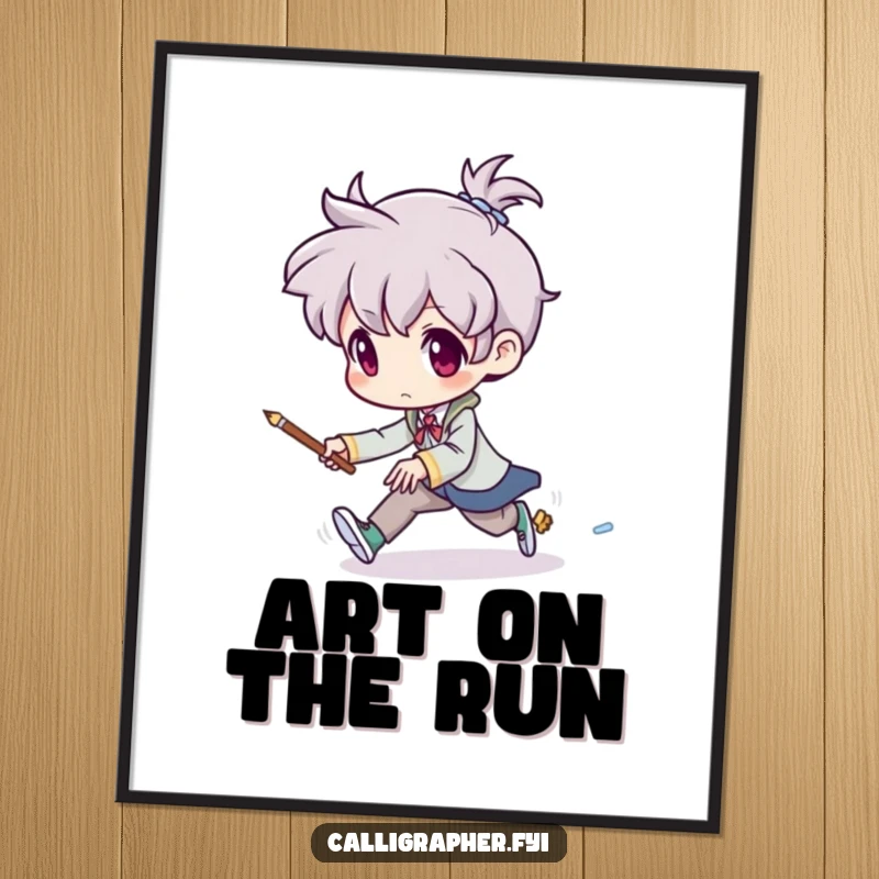 Funny poster depicting an artist chasing a tiny, mischievous brush that is attempting to flee, illustrating the humorous challenges of artistic creation.