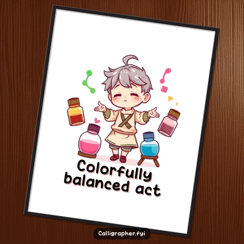 Funny poster of a character artist playfully juggling three different colored ink bottles, symbolizing vibrant and energetic artistic creation.