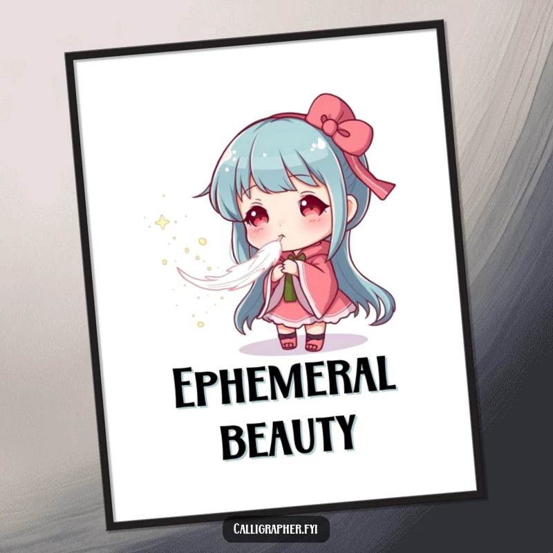 Funny poster featuring an artist gently blowing a feather to create a soft cloud of powdered pigment, symbolizing delicate artistic expression.