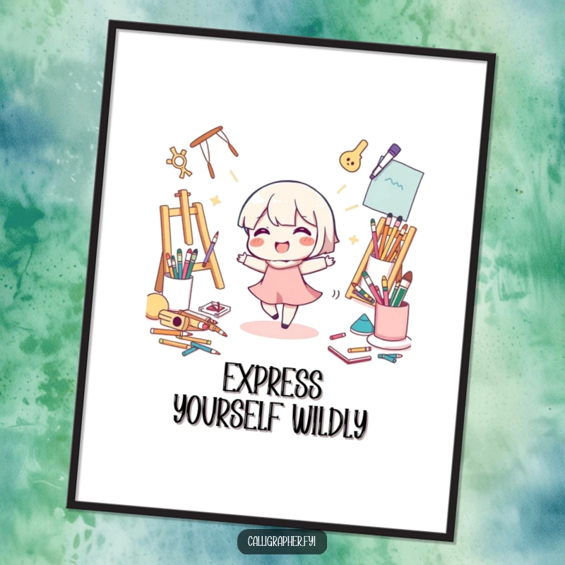 Funny Poster: A cute character is captured mid-dance, surrounded by scattered art supplies, radiating joy and creative passion.