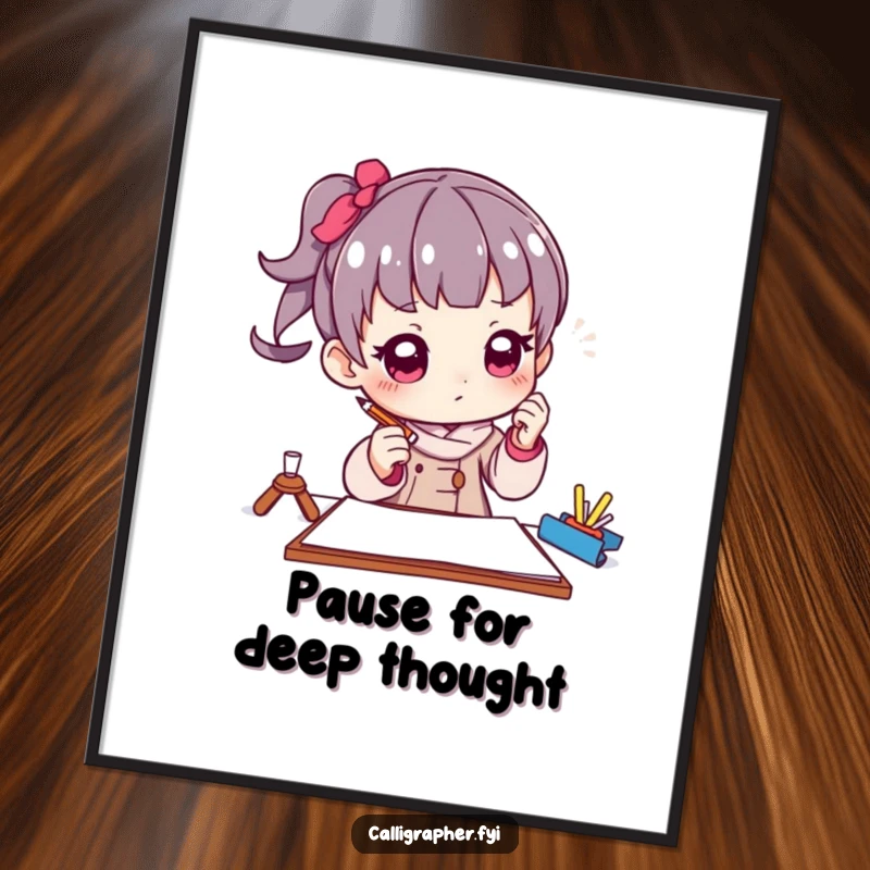 Funny poster of a character artist in a thoughtful pose, holding a pencil poised above paper, symbolizing the moment before creation.