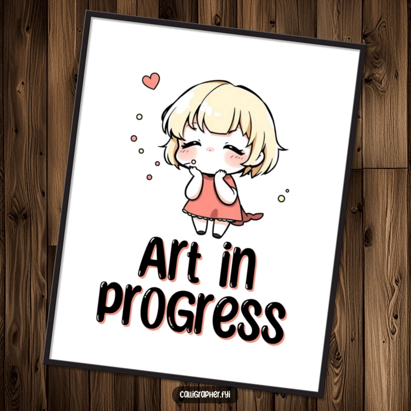 Funny Poster: A cute character gently blows on a freshly inked design, emphasizing precision and the beauty of the maker's touch.