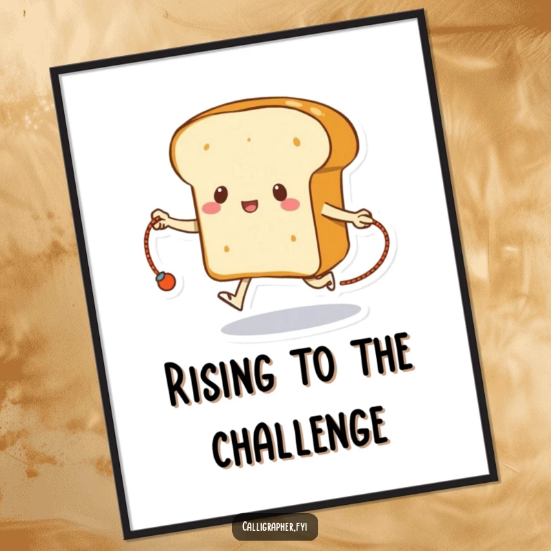 Funny bread poster depicting a loaf of bread using its crust to skip rope, a humorous piece of art for any room.