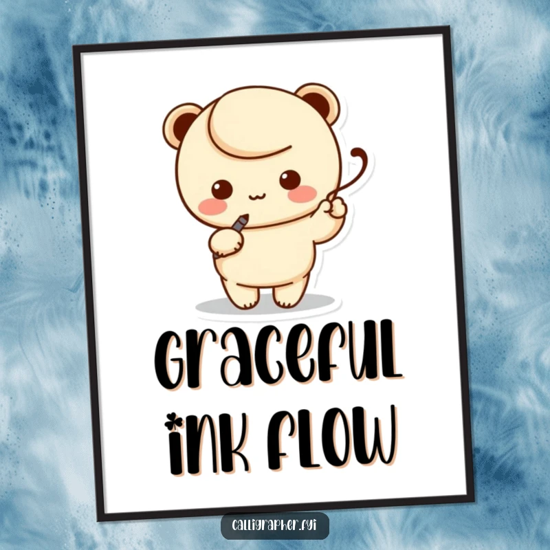 Funny poster of a kawaii character artist holding a calligraphy pen, elegantly writing a swoosh, adding artistic flair to any room.