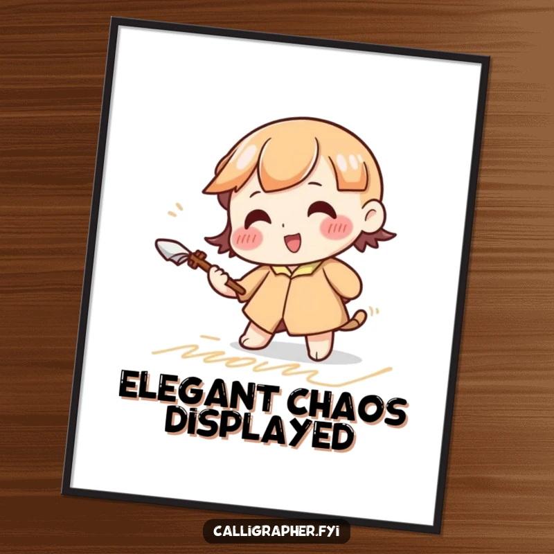 Funny poster of a cute character vigorously practicing elegant cursive strokes with a large quill, celebrating the art of writing.