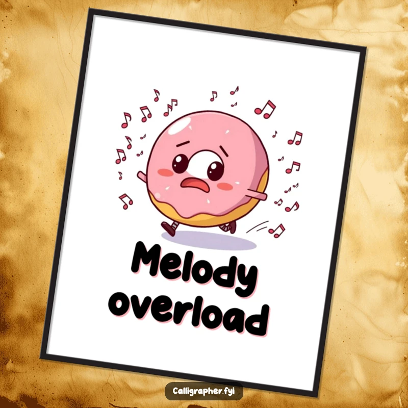 Funny poster art of a bewildered donut character running from a swarm of musical notes, capturing a moment of comedic flight.